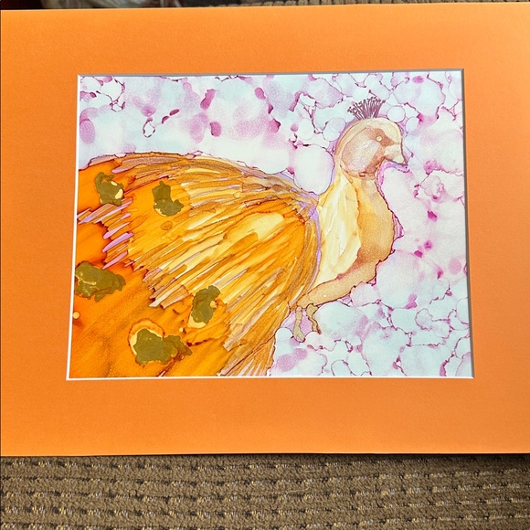 Handmade Other - Handcrafted original orange Peacock alcohol ink painting wall art